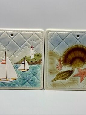 Seaside Quilted Ceramic Otagiri Wall Tiles - Nautical Sailboat & Shell Panels